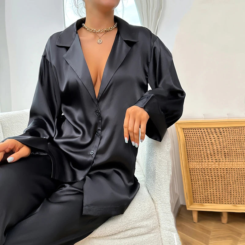 Silk Satin 2-Piece Pajama Set – Long Sleeve, Deep V-Neck Lounge Outfit
