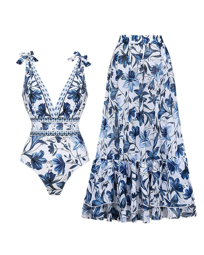Lorraine - Elegant Lace V-Neck Swimsuit & Skirt Set